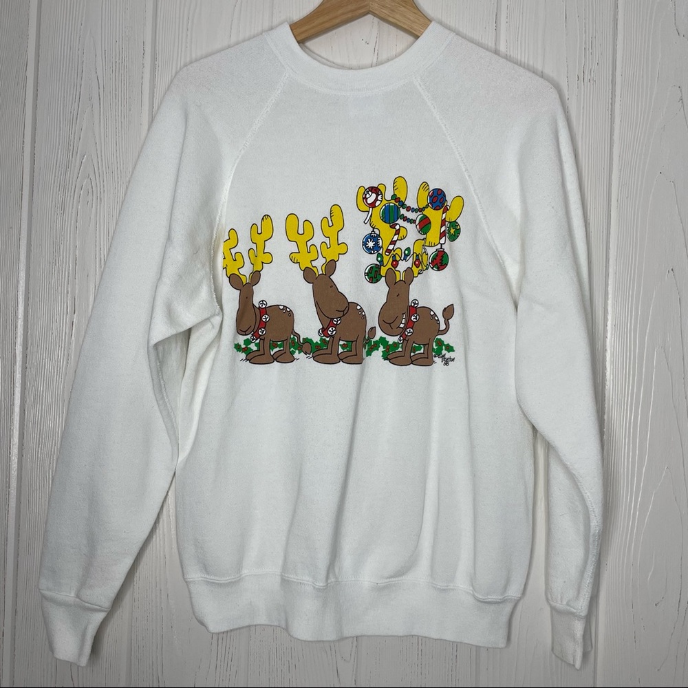 Vintage 1988 Jim Benton Reindeer Christmas Sweatshirt Medium White